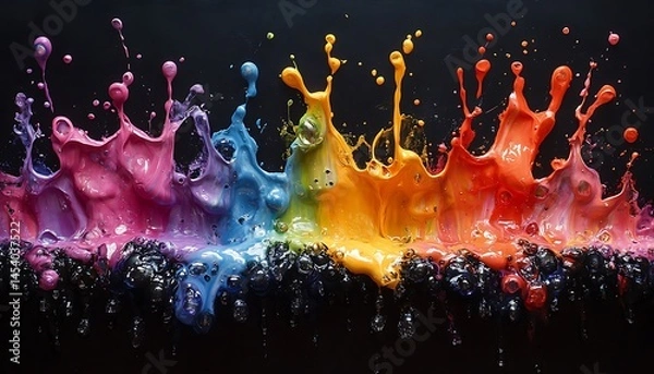 Obraz Vibrant colorful paint splashes against a dark backdrop.