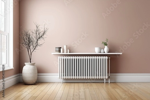 Fototapeta Modern interior design featuring a minimalist space with a white radiator, wooden flooring, decorative plants, and a soft pink wall creating a serene atmosphere for relaxation