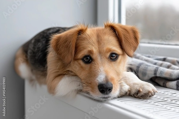 Fototapeta Adorable dog with brown and white fur resting on a windowsill, gazing out with curious eyes, creating a cozy and serene atmosphere in a modern home setting