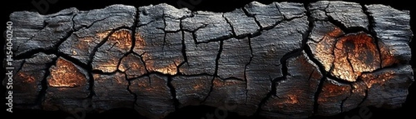 Obraz Close up view of charred wood with deep cracks.