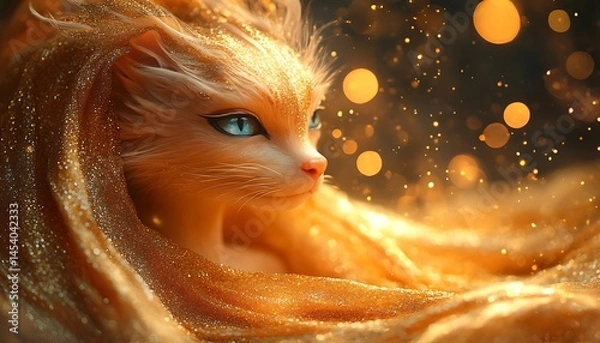 Obraz Golden feline portrait, enveloped in shimmering fabric.