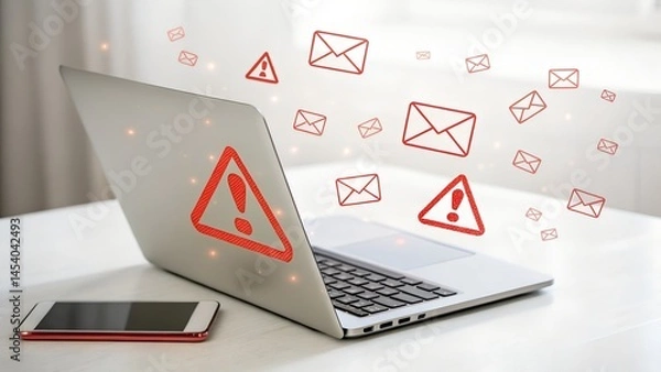 Fototapeta Spoofed emails and phishing scams with malicious attachments. Email and warning icons with exclamation marks. Man using laptop computer to check and respond to emails. 