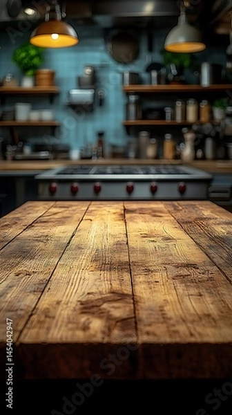 Obraz Empty wooden table surface in front of a rustic kitchen.