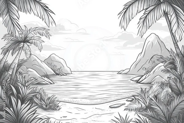 Fototapeta Monochrome line drawing of a tropical beach scene surrounded by mountains and vegetation, featuring a clear sky in a simplified illustration style.