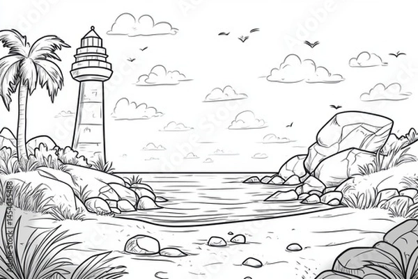 Fototapeta Black and white illustration of a beach with a lighthouse, palm trees, and rocks under a sky filled with clouds and birds, in a clean outlined style.