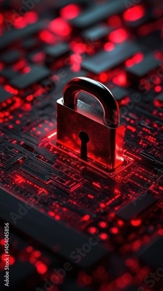 Obraz Closed metallic padlock on red-lit circuit board. Conceptual representation of cybersecurity, data protection, and digital privacy in tech environments.