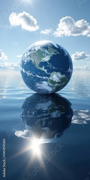 Fototapeta Planet Earth floating above ocean with its reflection on water, under blue sky and clouds. Artistic representation of Earth’s fragility and balance.
