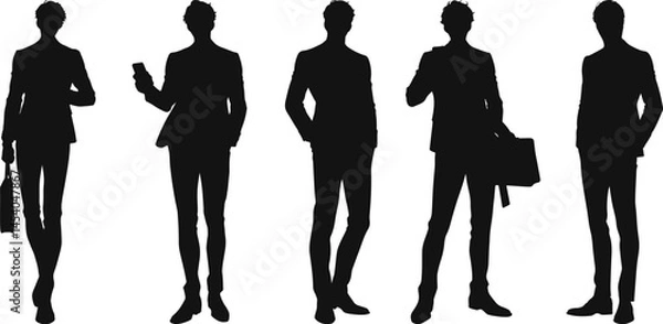 Fototapeta Vector silhouettes of young businessman in various poses, holding briefcases and smartphones, showcasing modern corporate attire and dynamic postures