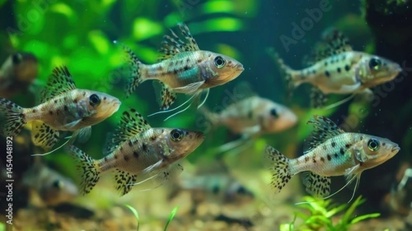 Fototapeta A school of Corydoras catfish cleaning the tank