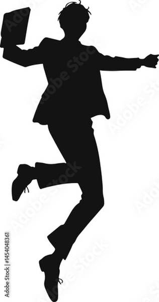 Fototapeta Vector silhouette of a person jumping with a book in hand, symbolizing success, achievement, and joy