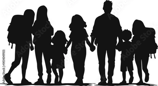 Fototapeta Vector silhouette of a family walking together, symbolizing unity and adventure. Perfect for travel, holiday, and bonding themes, highlighting togetherness and exploration