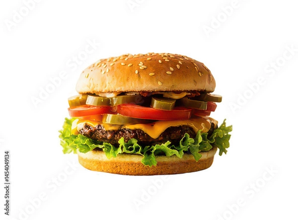 Fototapeta Fresh tasty hamburger with beef, cheese, sauce, tomatoes, pickled cucumber and lettuce in a crispy fresh bun. Tasty snack. Menu. PNG file.