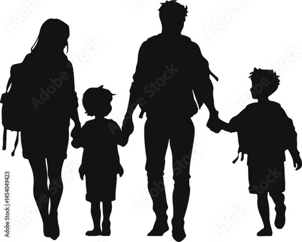 Fototapeta Vector silhouette of a family walking together, symbolizing unity and adventure. Perfect for travel, holiday, and bonding themes, highlighting togetherness and exploration
