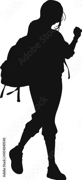 Fototapeta Vector silhouette of a woman on vacation with a backpack, walking confidently, symbolizing travel and adventure