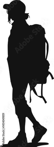 Fototapeta Vector silhouette of a woman wearing a cap and carrying a backpack, symbolizing travel and adventure