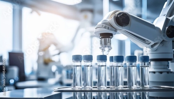 Fototapeta A robotic arm sorts laboratory vials in a high-tech, modern science lab with bright lighting.