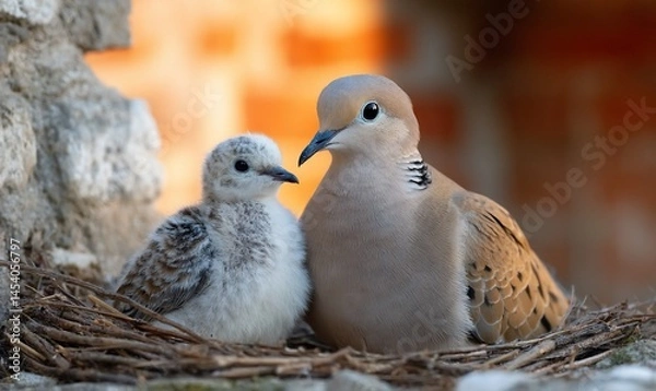 Fototapeta Young bird with parent in nest