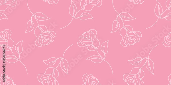 Obraz seamless pattern with roses in line art style, white hand drawn roses on pink background vector illustration, abstract modern design for wrapping paper, wallpaper, textile,prints,banner