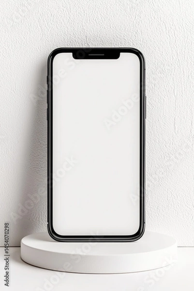 Fototapeta A blank smartphone on a minimalist stand against a clean background for digital use.