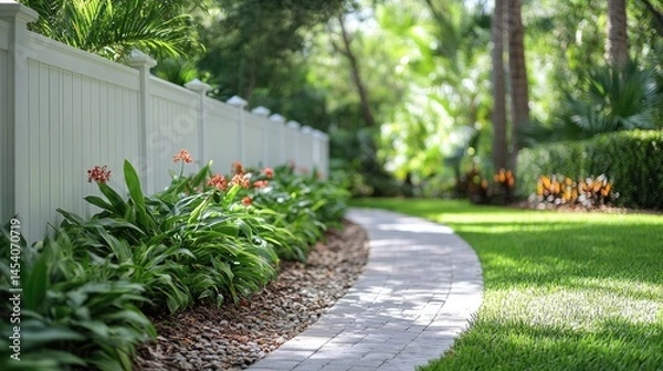 Obraz Lush landscaping bordering a paved pathway.