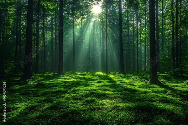 Fototapeta Sunlight streams through the towering evergreen trees, illuminating a vibrant green forest floor