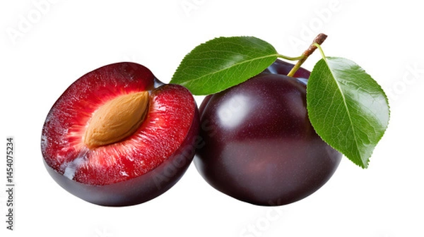 Fototapeta Plum with Half Cut and Leaves - Transparent Background