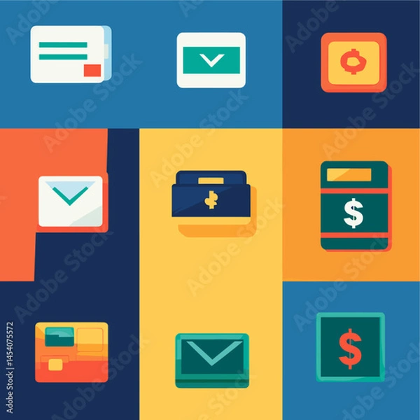 Obraz Set of vector icons on the theme of banks and finance: money, bank, credit and debit cards, payments, transfers, finance, coins, safes. Suitable for UI, applications and infographics.