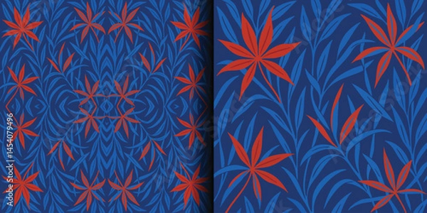 Fototapeta Bold seamless pattern featuring stylized leaves or fronds in red-orange and blue against a dark blue background. Offers a modern, graphic, and high-contrast botanical design.
