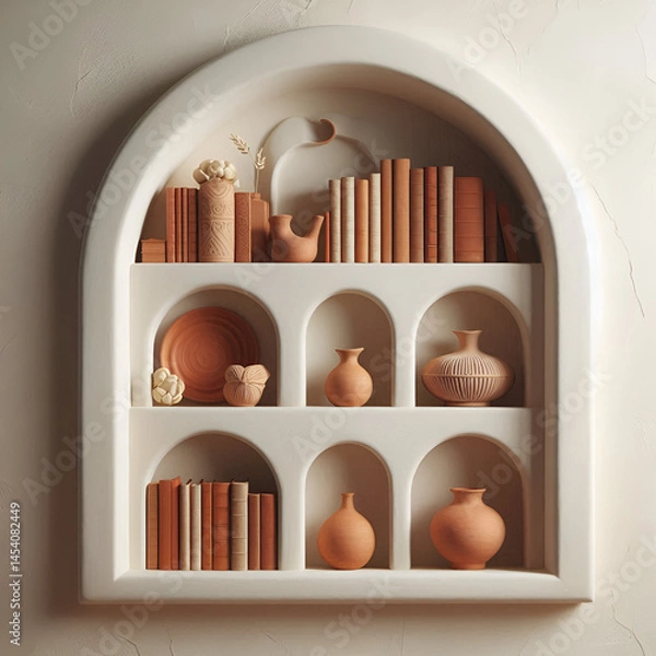Fototapeta Terracotta Bookshelf with Decorative Pottery and Books