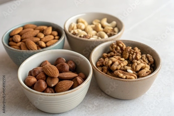 Fototapeta Assorted nuts in ceramic bowls arranged symmetrically on soft light surface