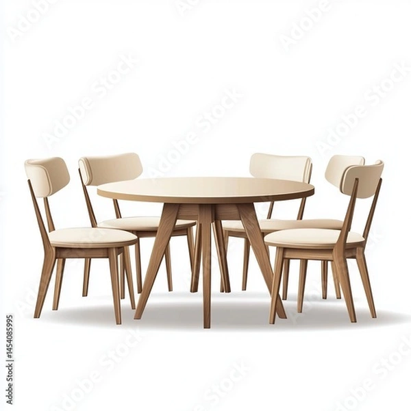 Fototapeta Round light brown wooden table with beige upholstered chairs
