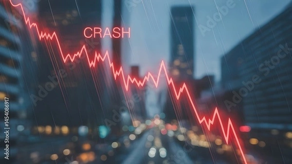 Obraz abstract red stock market crash chart going down background, bear market sell and risk graph decline warning for economic or finance problem and bankrupt crisis of digital investment danger and loss