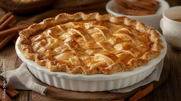 Fototapeta Warm apple pie with golden crust and autumnal spices, a cozy delight