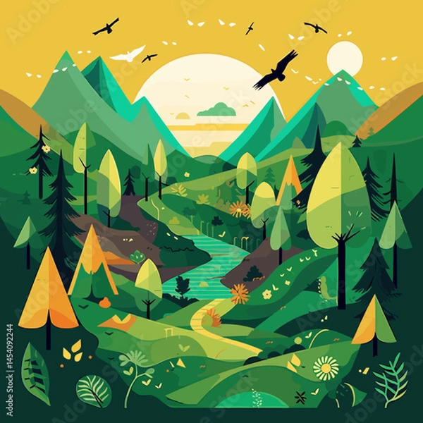 Obraz AVector illustration depicting beautiful and untouched nature: forests, mountains, rivers, clear sky and green landscapes. Symbol of environmental preservation and harmony withdobe Illustrator Artwork