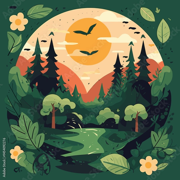 Obraz AVector illustration depicting beautiful and untouched nature: forests, mountains, rivers, clear sky and green landscapes. Symbol of environmental preservation and harmony withdobe Illustrator Artwork
