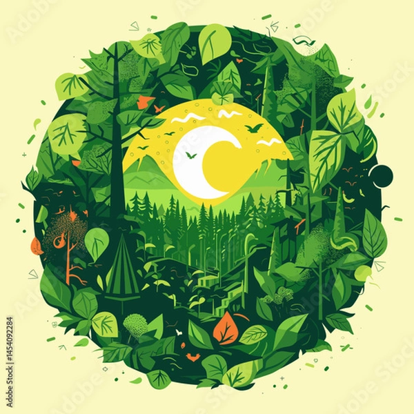 Obraz AVector illustration depicting beautiful and untouched nature: forests, mountains, rivers, clear sky and green landscapes. Symbol of environmental preservation and harmony withdobe Illustrator Artwork