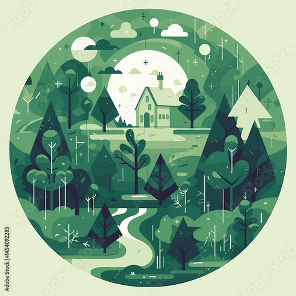 Obraz AVector illustration depicting beautiful and untouched nature: forests, mountains, rivers, clear sky and green landscapes. Symbol of environmental preservation and harmony withdobe Illustrator Artwork