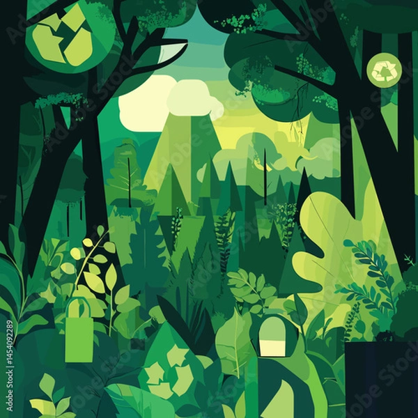 Fototapeta AVector illustration depicting beautiful and untouched nature: forests, mountains, rivers, clear sky and green landscapes. Symbol of environmental preservation and harmony withdobe Illustrator Artwork