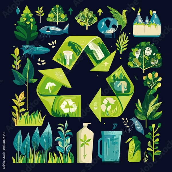 Obraz AVector illustration depicting beautiful and untouched nature: forests, mountains, rivers, clear sky and green landscapes. Symbol of environmental preservation and harmony withdobe Illustrator Artwork