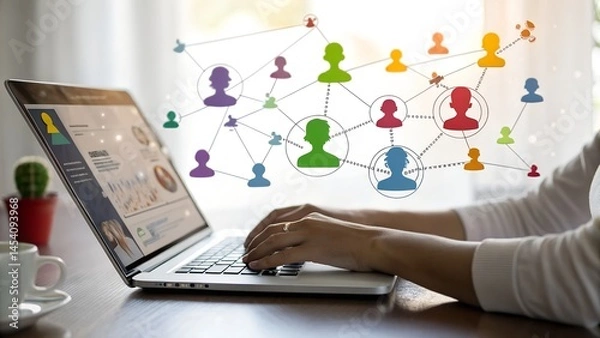 Obraz Market segmentation and audience analysis. Consumer profiling marketing strategy. Marketer using laptop computer to analyze target customer persona.