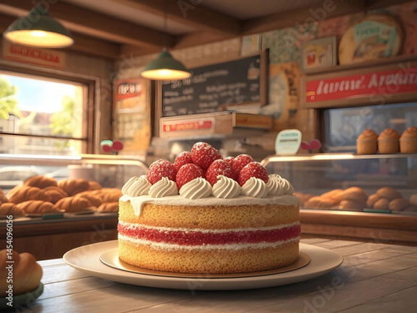 Obraz Rustic Bakery Interior with Bread Display and Blue Walls. Bright and inviting bakery interior showcasing a variety of freshly baked breads and pastries in glass cases with a charming rustic desing.