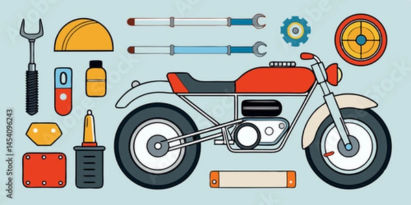 Fototapeta Retro motorcycle, vintage illustration, sunset landscape, mountains, geometric shapes, vibrant colors, stylized design, mid-century modern, flat art style, pine trees, cabin, warm color palette