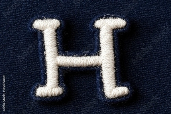 Fototapeta Embroidered letter H on a dark blue textile background, close up. Stitched lettering