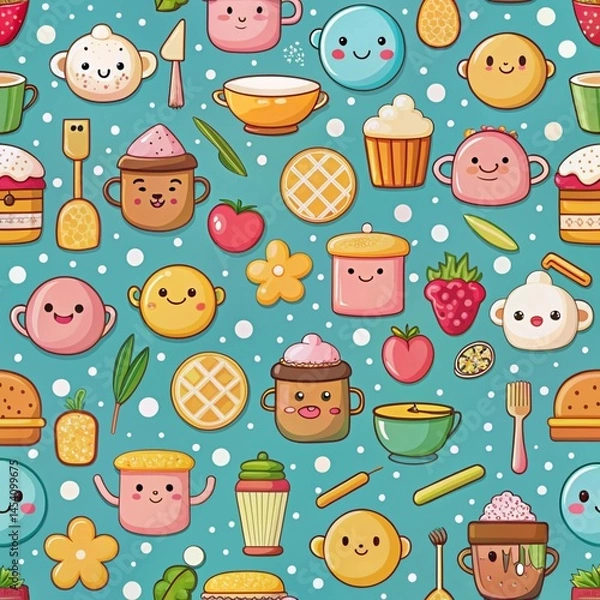 Fototapeta Cute cartoon food and kitchenware pattern, featuring various kawaii-style items on a teal background