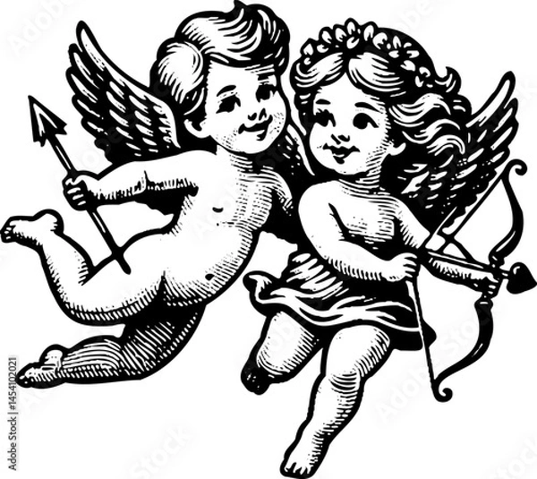 Fototapeta cupid with bow. Classic Archer Silhouette in Action Pose. A bold black silhouette of a male archer drawing a bow