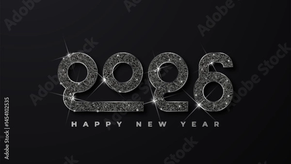 Fototapeta Happy new year 2026 celebration typography text poster design. Shiny silver numbers and dark background vector illustration.