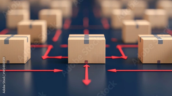 Fototapeta A network of shipping boxes connected by red arrows illustrating logistics and delivery.