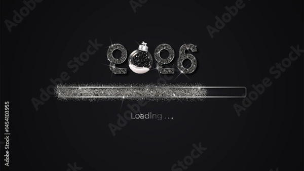 Fototapeta Progress bar with dark particles on black Download New Year's Eve. Loading animation screen with Glitter confetti shows almost reaching 2026. Creative festive banner with shiny progress bar