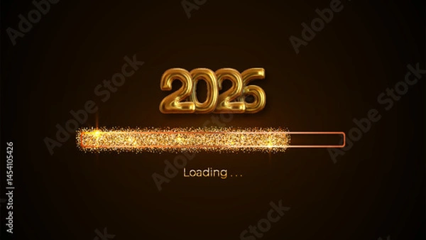 Fototapeta Progress bar with golden particles on black Download New Year's Eve. Loading animation screen with Glitter confetti shows almost reaching 2026. Creative festive banner with shiny progress bar