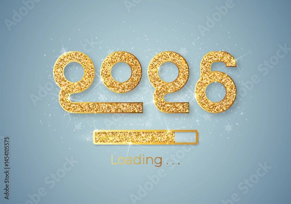 Fototapeta Progress bar with golden particles on white Download New Year's Eve. Loading animation screen with Glitter confetti shows almost reaching 2026. Creative festive banner with shiny progress bar.